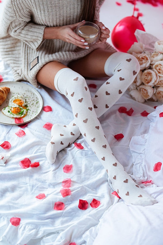 Cotton Over-The-Knee Socks Creme with Gold Hearts