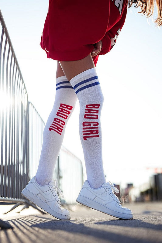 Cotton Over-The-Knee Socks "Bad Girl" - White Red